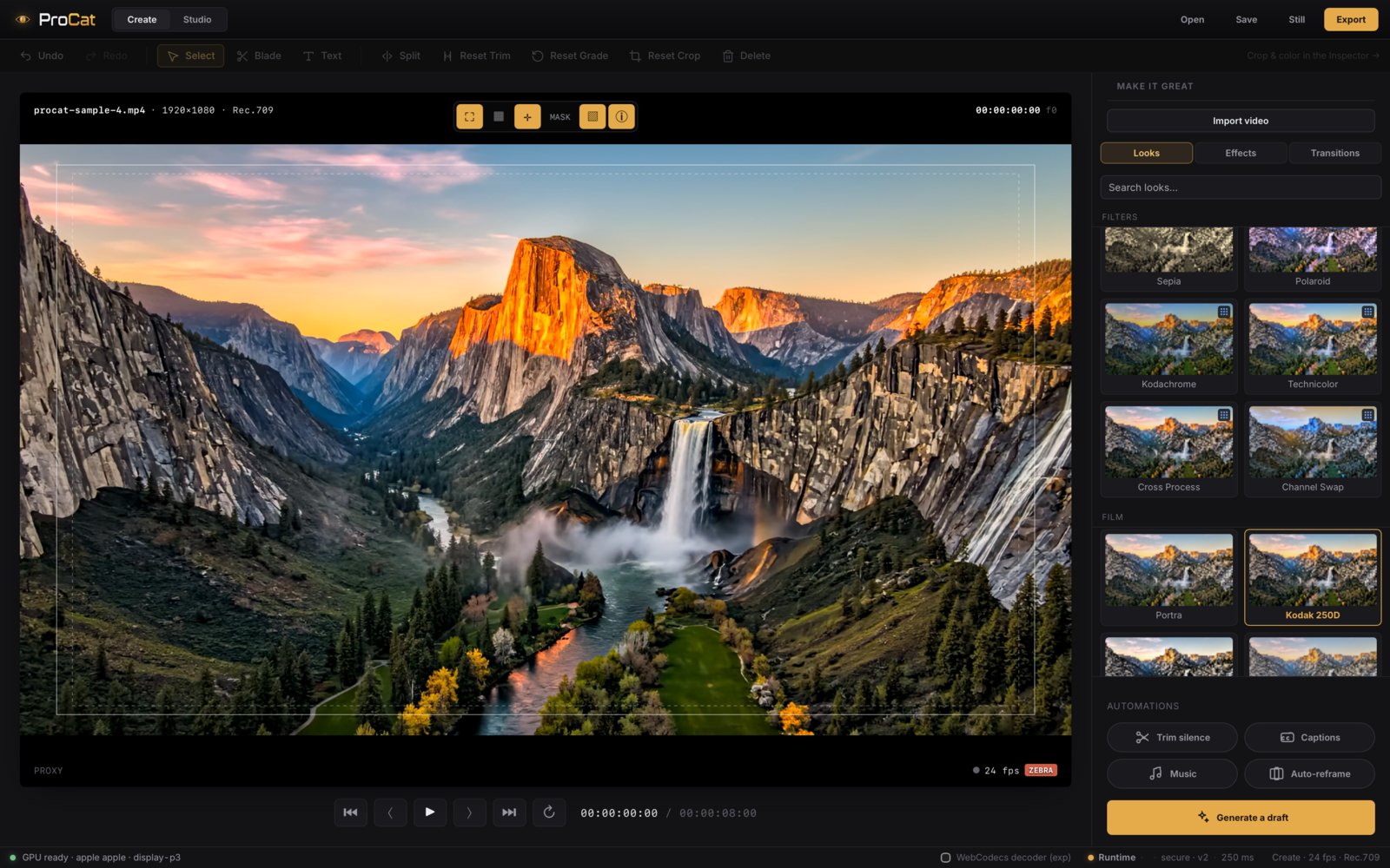 ProCat Create mode — a clip in the program monitor with a grid of cinematic look presets