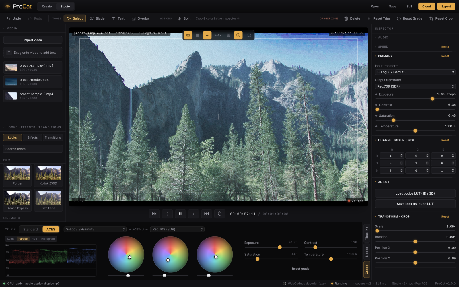 ProCat grading page — Lift/Gamma/Gain colour wheels with live scopes