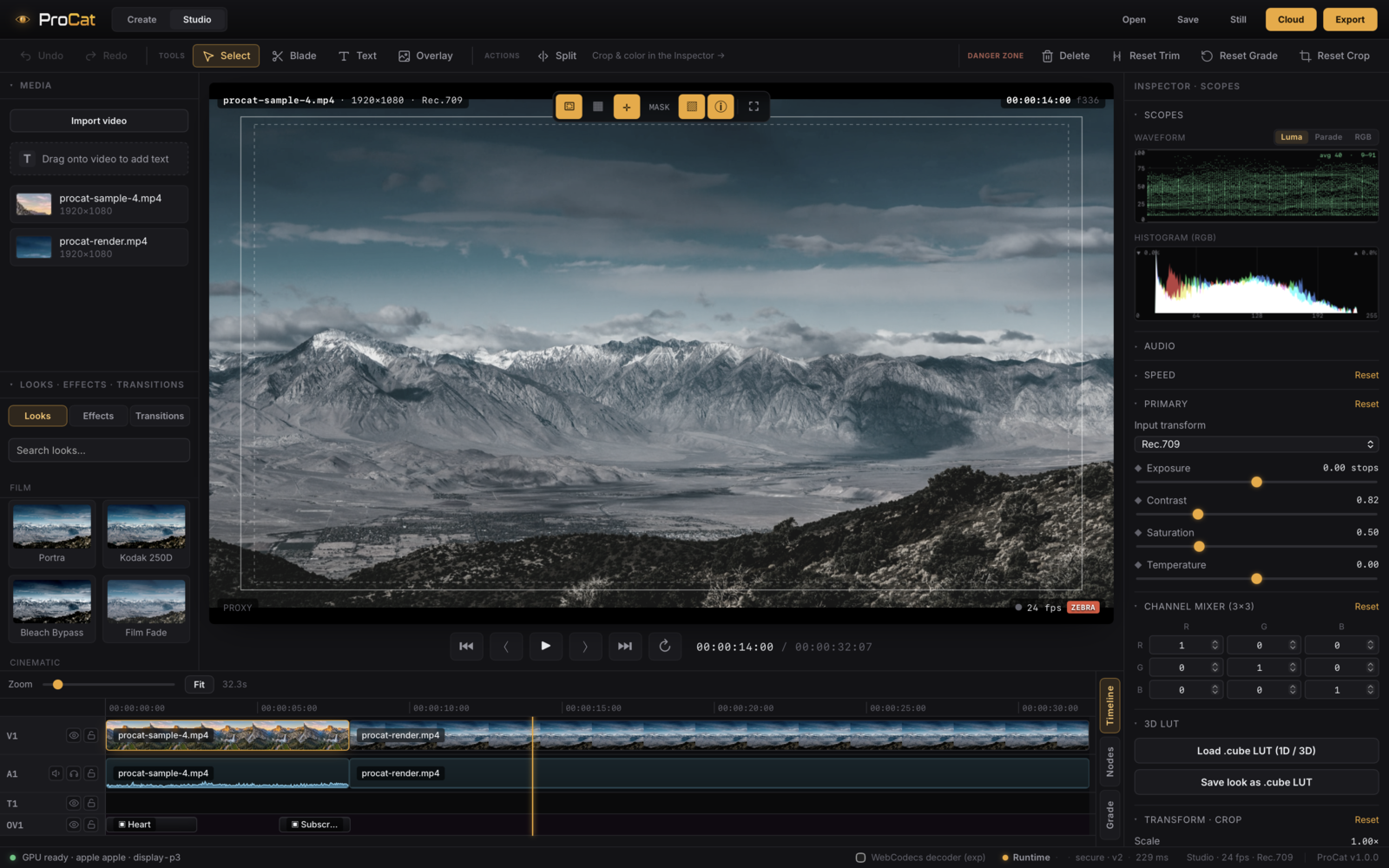 ProCat Studio — grading a snow-capped mountain shot with scopes, looks and a multitrack timeline