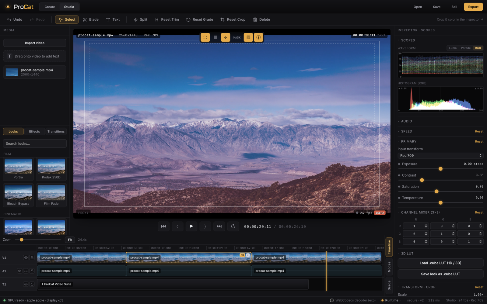 ProCat Studio timeline — multitrack editing with waveforms, thumbnails and a title track